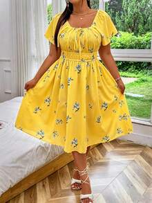 Vionelle Plus Size Floral Print Drawstring Front Elastic Waist Short Sleeve Dress - Yellow - View 4