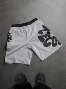 Manfinity Homme Pantalones cortos deportivos casuales de verano para hombres con estampado de letras y cordón - Gris - Ver 2