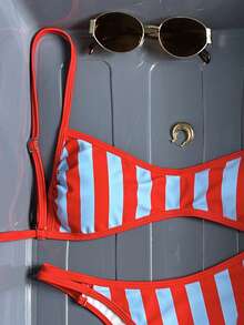 Swim Mod New Striped Tie-Front Print Halter Backless Bikini, Beach Vacation Swimsuit - Red - View 4