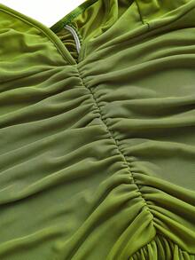 CurvyTilda Tildaharris Plus Size Women Solid Color Ruched Waist Sleeveless Sexy Cami Dress, Beach Outfits, For Hourglass Body Shape, For Summer - Lime Green - View 3