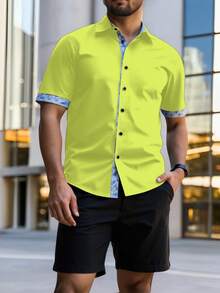 Manfinity Homme Plus Size Men's Casual Button-Down Short Sleeve Shirt - Green - View 3
