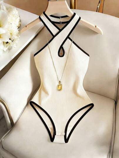 Franclia Apricot & Black Criss-Cross Halter Sexy Bodysuit, Apricot Top, Holiday Outfit, Outdoor Wear