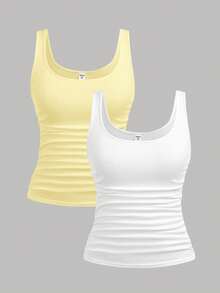 SHEIN Girlism 2pcs Teen Girls Casual Scoop Neck Ruched Tank Top Set, Yellow & White, Suitable For Daily Wear, Versatile, Home Fitted Tops - Yellow - View 9