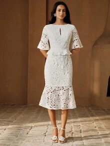 Anewsta Đầm midi dáng đuôi cá ôm eo, tay bồng, cổ tròn, khoét eo, ren thêu tinh tế dành cho nữ, thích hợp cho ngày Valentine, đám cưới, tiệc tùng. - trắng - Xem 6