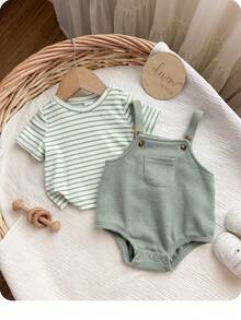 Set Baju Terusan Bayi Laki-laki Baru Lahir Kasual Lucu Bergaris Lengan Pendek dan Hijau - Hijau - View 3