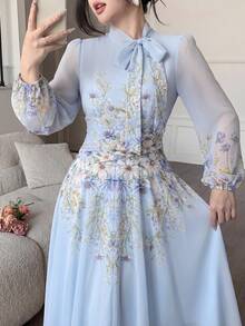 Modelyn Tie-Waist Ruched Placement Print Flared Long Sleeve Dress For Women - Blue - View 7