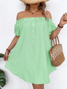 EMERY ROSE Plus Size Striped Print Off-Shoulder Dress - Green - View 4