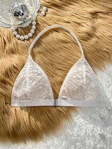 Bare Chapter 1pc Leopard Print Jacquard Fabric Halter Front Closure Bra - White - View 4