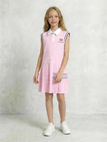 SHEIN Casuvi Kids 少女条纹polo领连衣裙，可爱小熊刺绣，休闲无袖夏季连衣裙，适合上学、户外活动、旅行和日常穿着。 - 粉色 - 查看 9