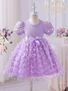Glamorique Kids 'Young Girl' 素色圓領珍珠泡泡袖 3D 花朵優雅夏季洋裝附腰帶 - 紫色 - 查看 5