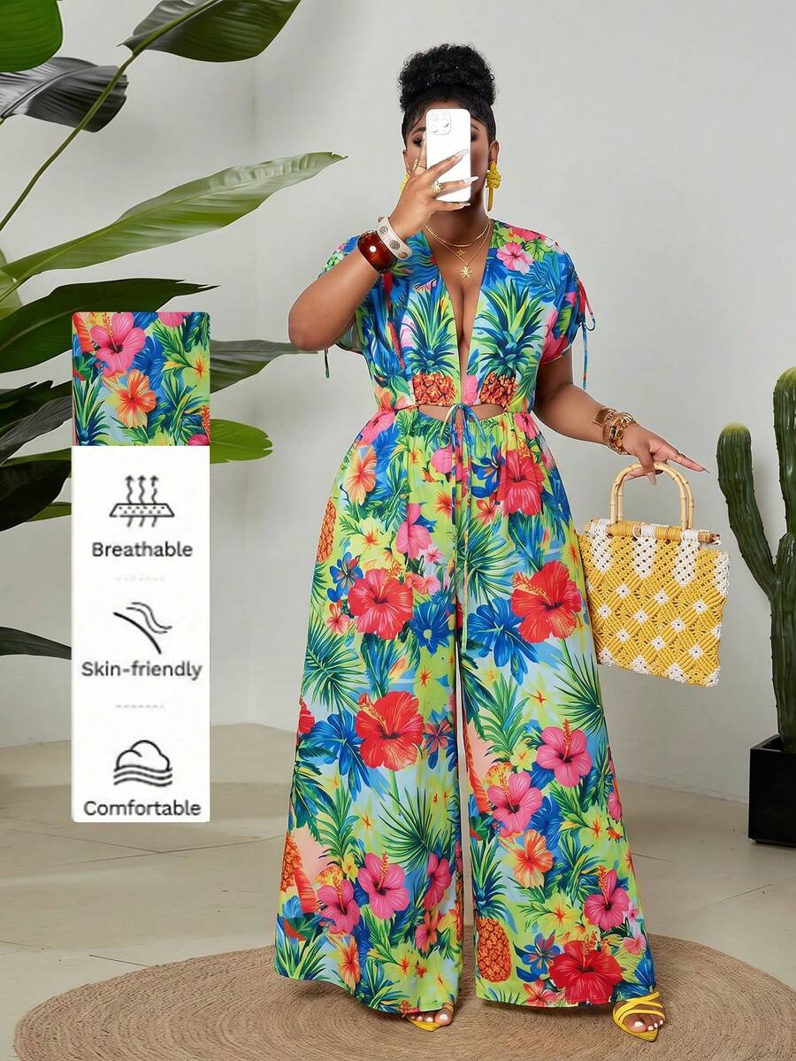 Maweii Bộ áo liền quần dáng rộng nhiều màu sắc dành cho nữ, kiểu buộc dây phía trước, thích hợp cho kỳ nghỉ hè. - Màu xanh lam - Xem 1
