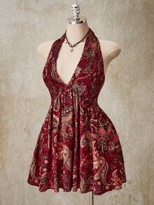 SHEIN ICON Đầm cổ yếm họa tiết paisley đỏ dành cho nữ cỡ lớn, thích hợp cho kỳ nghỉ. - Nhiều màu - Xem 9