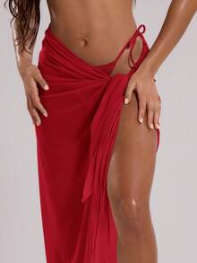 Musera Resort Mesh Sheer Tie Long Sarong Cover Up Swim Vacation Summer Holiday Boho Cute Simple Travel Blue Spring - Red - View 5