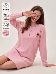 Loomlin Camicia da notte in 100% cotone con ricamo di lettere e mezzo bottone - Rosa - Visualizzare 1