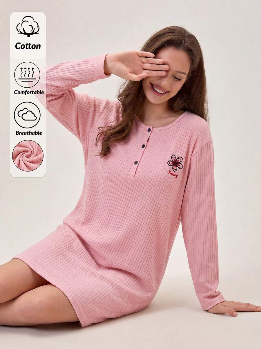 Loomlin Camicia da notte in 100% cotone con ricamo di lettere e mezzo bottone - Rosa - Visualizzare 1