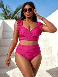 Swim Vcay Conjunto de bikini de talla grande 2026 con volantes en el frente cruzado en color rosa neón sólido - Rosa Fucsia - Ver 3