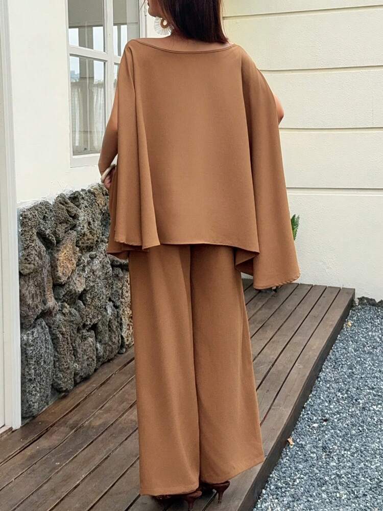 Women's Casual Solid Color Asymmetrical Shoulder Top And Wide Leg Pants 2-Piece Set, Spring/Summer Lounge Sets For Women