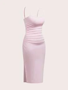 SHEIN EZwear 女款大尺碼粉黑配色夏季細肩帶洋裝，性感夜店早午餐風 - 淺粉色 - 查看 5