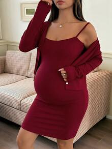 DAZY 2pcs Maternity Bodycon Mini Slip Dress & Cropped Cardigan Set, Red, Spring/Summer - Burgundy - View 4