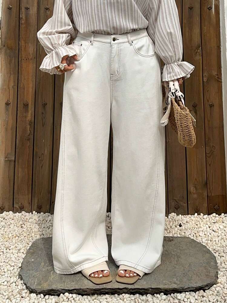 Dazy Plus Solid Color Washed Loose Wide Leg Jeans, Slimming Seam Design, Versatile Casual Street Style Long White Denim Pants, All Season