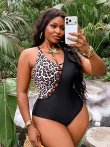 Swim SXY Maillot de bain une pièce 2026 Nouveau style d'été, patchwork léopard avec laçage, contrôle du ventre, grande taille, vêtements de plage - Noir - Voir 3
