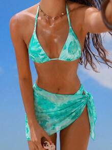 SHEIN Swim Vcay Women's Floral Print Halter Tie Back Sexy Bikini 3-Piece Swimsuit Set For Beach Vacation - Blue - View 7