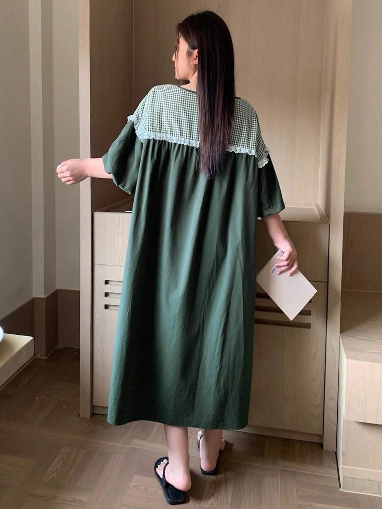 Dazy Plus Cute Bow Decor Plaid Patchwork Solid Color Loose Casual Plus Size Women Short Sleeve Nightgown, Spring/Summer