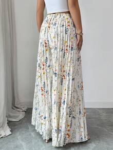 Elenzga Pantalones de pierna ancha con pliegues y estampado floral, ropa de moda para el transporte - Multicolor - Ver 2