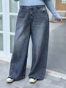 Dazy Plus Quần jean dài ống rộng denim rách, bạc màu, cỡ lớn - Rửa trung bình - Xem 6