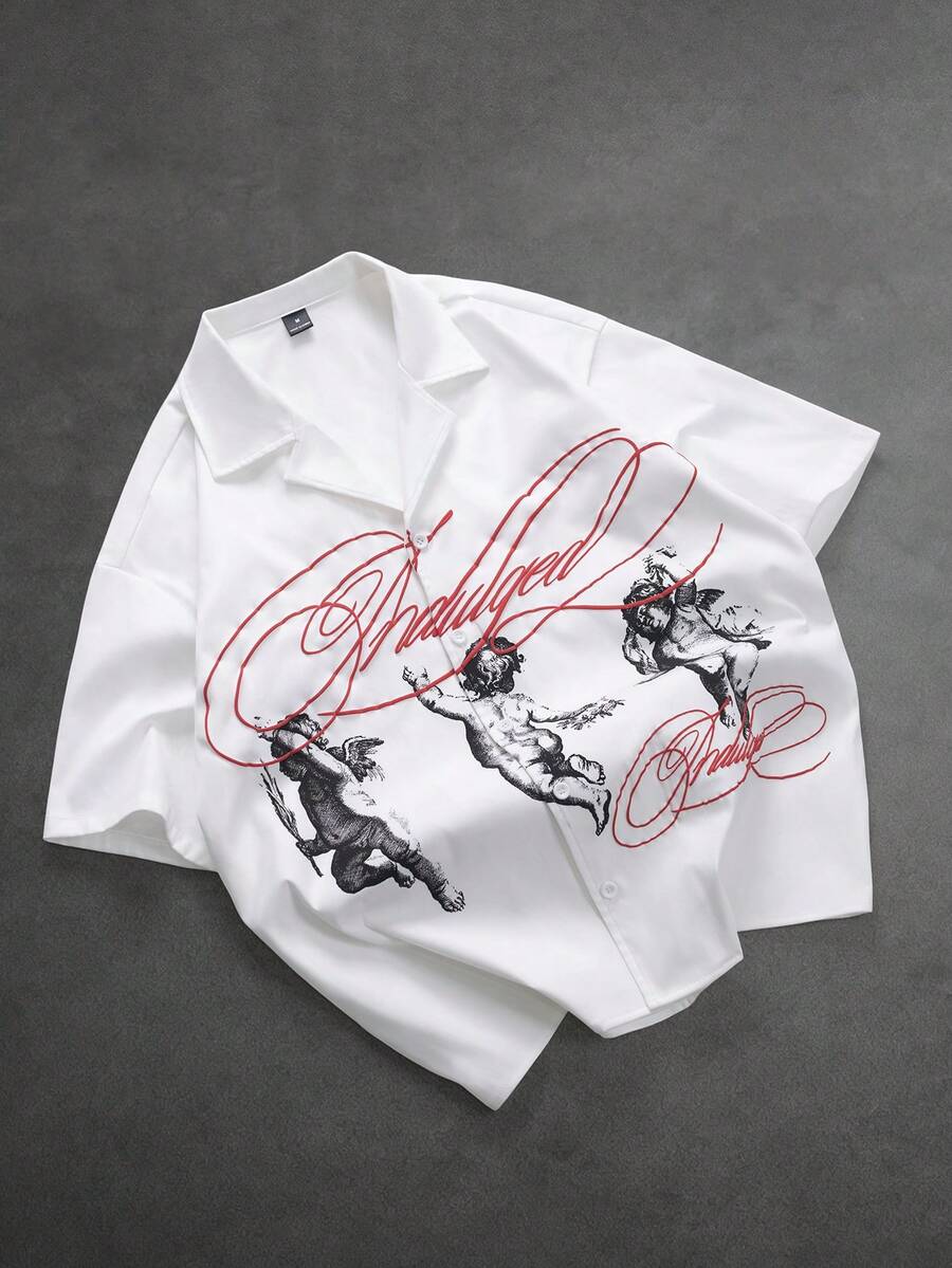 SLATEMANN 男士印花纽扣短袖衬衫 - 白色 - 查看 1