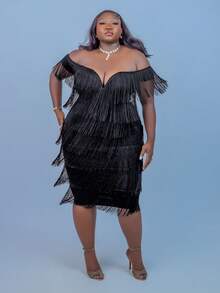 CurvyTilda Abito midi da donna con scollo a cuore e spalle scoperte, con frange, per feste e compleanni, taglie comode - nero - Visualizzare 3