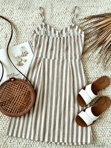 GlowEve CURVE Plus Size Woven Casual Resort Striped Sleeveless Summer Dress - Khaki - View 2