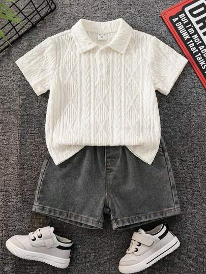 SHEIN 1 pieza Cárdigan de cuello redondo de manga corta, de punto suave y calado, de estilo casual y versátil para niños pequeños, color marfil