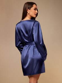 Silquee Women's Solid Color Contrast Lace Long Sleeve Elegant Robe Satin Sleepwear Set Lingerie Robe Set Silk Robe Set Silk Robes For Women Sleep Wear Women Silk - Navy Blue - View 2