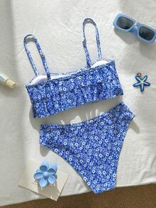 Swim Mod 2026春夏新款女士泳装上市，适合度假、约会、西部风情、邮轮、海滩、海岛、公路旅行、四季皆宜、音乐节、波西米亚风度假、秋日休闲波西米亚Y2K褶皱短裤，优雅复古休闲花卉饰边可爱甜美复古休闲度假海滩女士泳装套装 - 彩色 - 查看 6