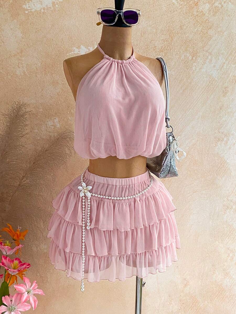 Soleia Women's Sexy Backless Tie-Front Cropped Top And Multi-Layer Ruffle Hem Mini Skirt 2-Piece Set, Suitable For Beach Vacation - Pink - View 1