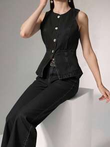 Bộ áo vest và quần jean nữ kiểu dáng thường ngày, thích hợp cho mùa hè. - màu đen - Xem 3