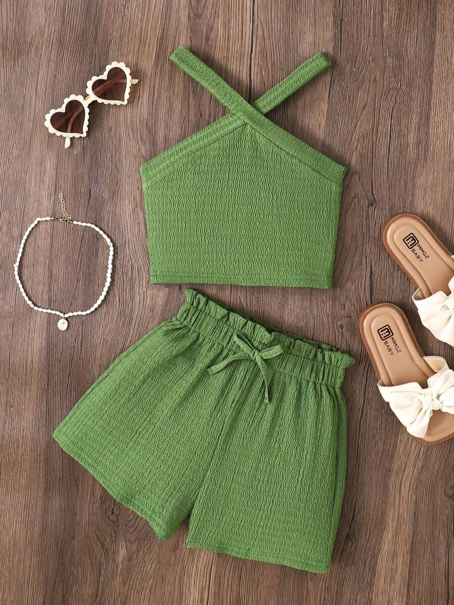 Bộ đồ đi nghỉ mát cho bé gái, áo hai dây và quần short, chất liệu vải dệt thô. - màu xanh lá - Xem 1