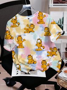 GARFIELD | SHEIN Camiseta casual de mujer de manga corta, cuello redondo, con estampado de dibujos animados - Blanco - Ver 1