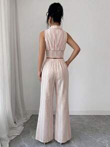 Elenzga Bộ đồ 2 mảnh thời trang thường ngày thanh lịch dành cho mùa xuân/hè, gồm áo không tay cổ bẻ và quần ống loe hai túi, chất liệu vải lanh dệt họa tiết, phối cùng quần ống rộng hai túi. - Hồng - Xem 2