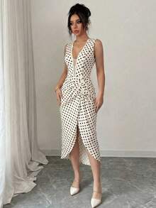 Elenzga Women's Deep V-Neck Polka Dot Ruched Slit Design Elegant Waist Cinched Party Dress - Black and White - View 6