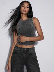 Normani Camiseta de tirantes casual y ajustada con efecto lavado para mujer, de verano - Negro - Ver 7