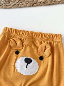 SHEIN 3件套男婴可爱棕熊连体衣，带按扣裆部设计，搭配棕熊刺绣短裤和可爱熊形帽子，休闲套装，适合户外玩耍或作为舒适的夏季搭配。 - 黃色 - 查看 7