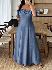SHEIN LUNE Plus Size Solid Color Off-Shoulder Waist Cinching Dress With 3D Floral Decor - Blue - View 7
