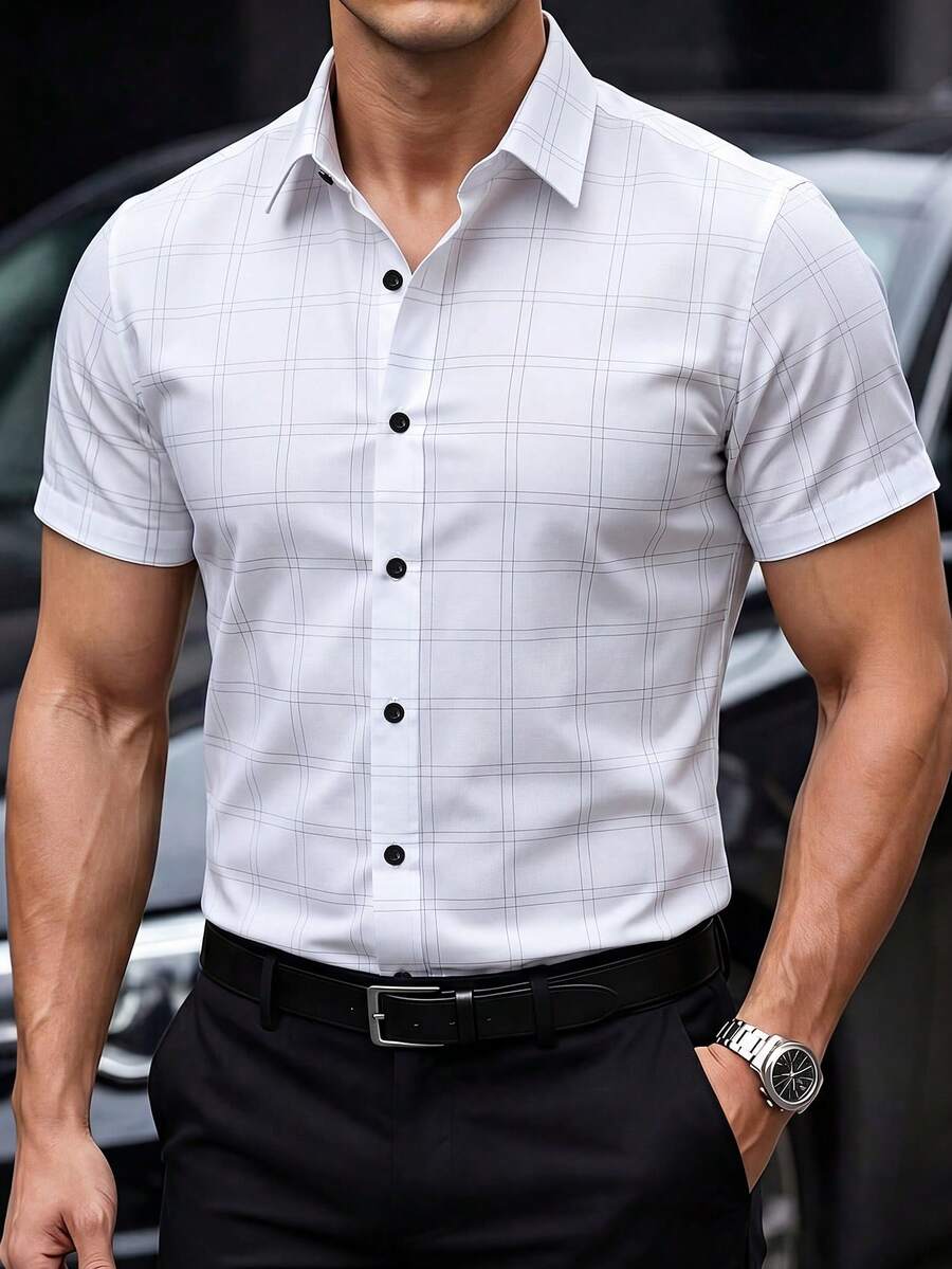 Manfinity Mode Áo sơ mi nam tay ngắn in họa tiết kẻ caro phong cách thường ngày - trắng - Xem 1