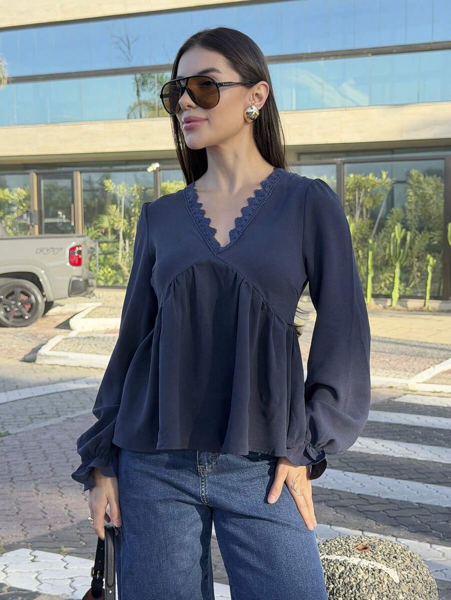 Yohana Edit 女士纯色长袖 V 领荷叶边休闲衬衫 - 藏蓝色 - 查看 1