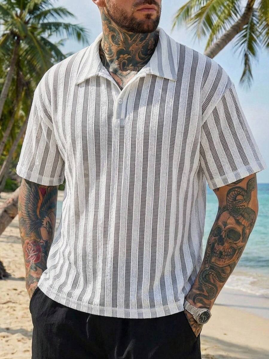 DAZY Randig kortärmad t-shirt med lös polokrage för män, sommar - Multifärgad - Visa 1