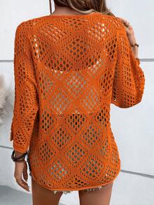 Breezaya Women's Solid Color Round Neck Hollow Casual Versatile Daily Wear Sweater Summer Casual Beach Cover-Up Open Knit Top Crochet Top - Burnt Orange - View 3