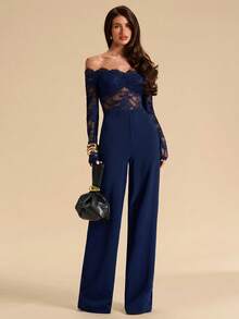 SHEIN BAE Bộ jumpsuit ren đen xuyên thấu gợi cảm khoét vai hở cho nữ, bộ jumpsuit thanh lịch cho quý cô, bộ jumpsuit ren ống rộng - Màu xanh hải quân - Xem 3
