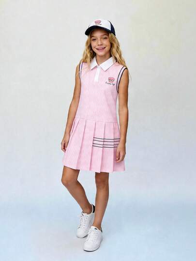 SHEIN Casuvi Kids 少女条纹polo领连衣裙，可爱小熊刺绣，休闲无袖夏季连衣裙，适合上学、户外活动、旅行和日常穿着。